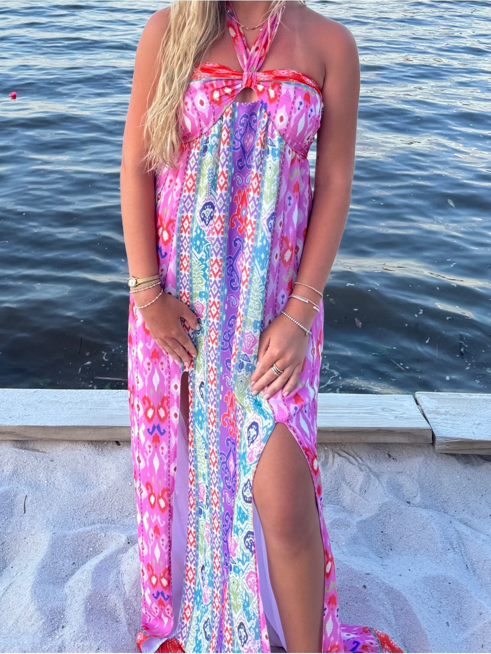 Fate Pink Multi-Color Strapless Maxi Dress